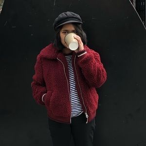 Bershka Teddy Bear Fur Jacket in Burgundy